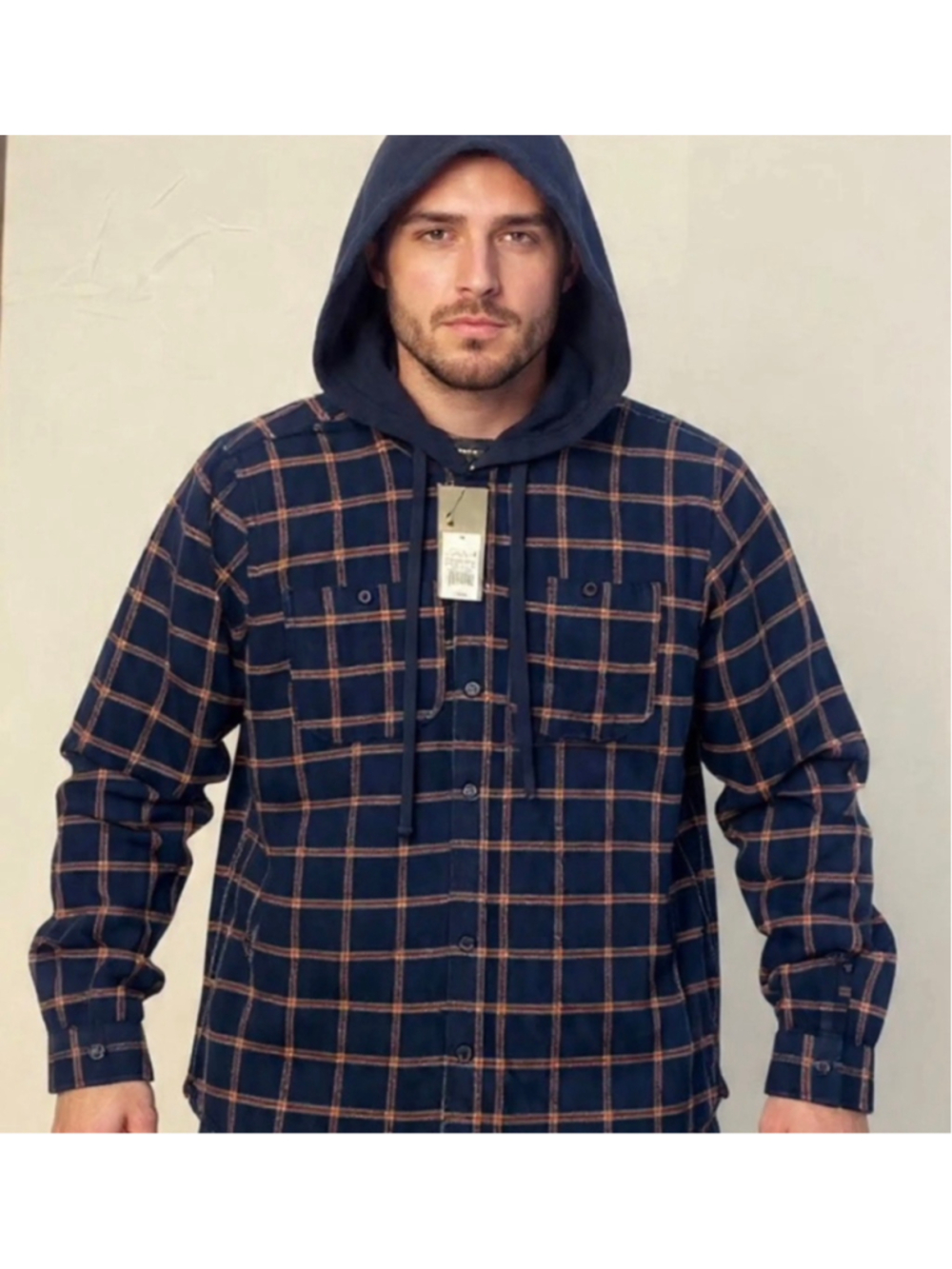 Men's Original Use Hooded Flannel Shirt Medium Blue Orange Plaid - 100% Cotton